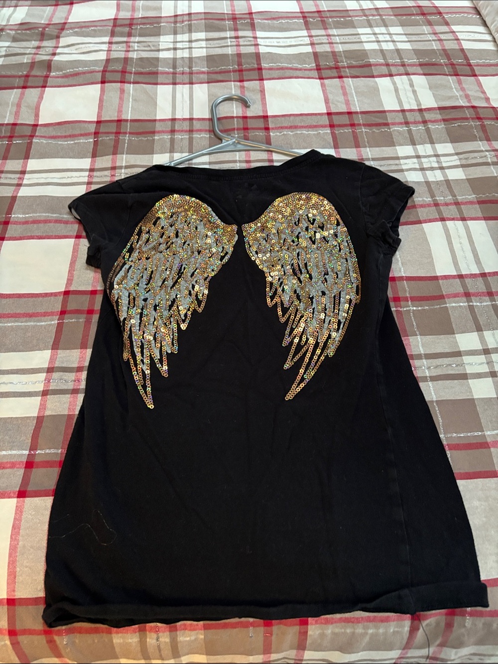 G by Guess Black Short Sleeve Tee with Gold Sequin Angel Wings